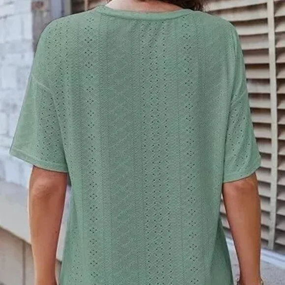 Fazortev Womens Eyelet Crew Neck T Loose Fit Casual Blouse Top(M) - Picture 3 of 5